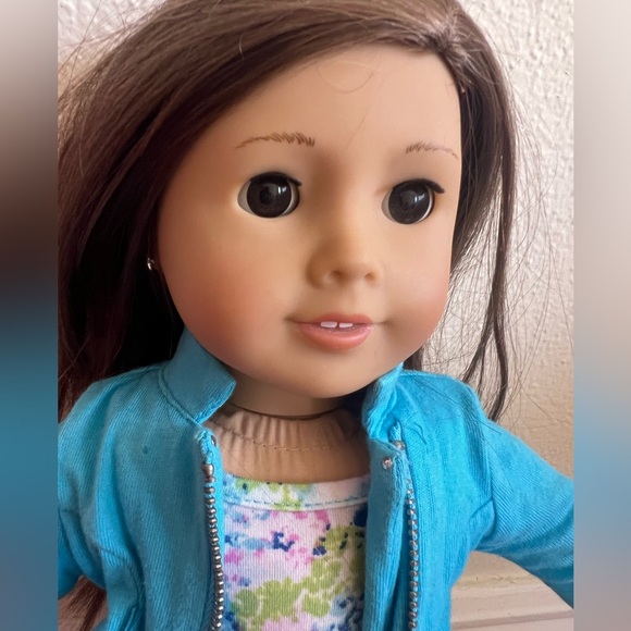 American Girl Doll Blue Jacket Floral Dress Earrings Truly in Box - Picture 4 of 12